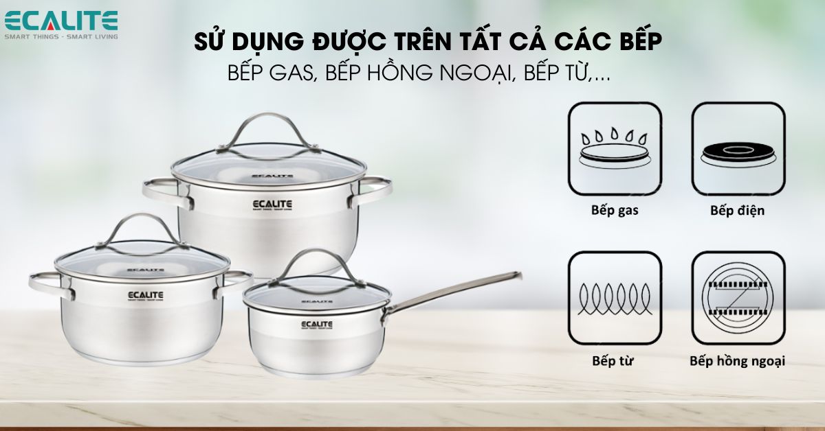 Bộ nồi inox Ecalite RW-3006SS sử dụng được trên mọi loại bếp